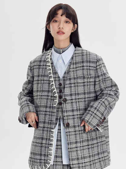 Plaid vest jacket and pleated skirt【s0000003970】