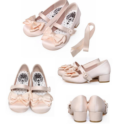 MODO - Sissi - Sweet Lolita Shoes Satin Low Chunky Heels with Bow