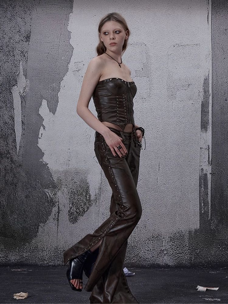 Zipper metal rivets leather bustier【s0000006696】