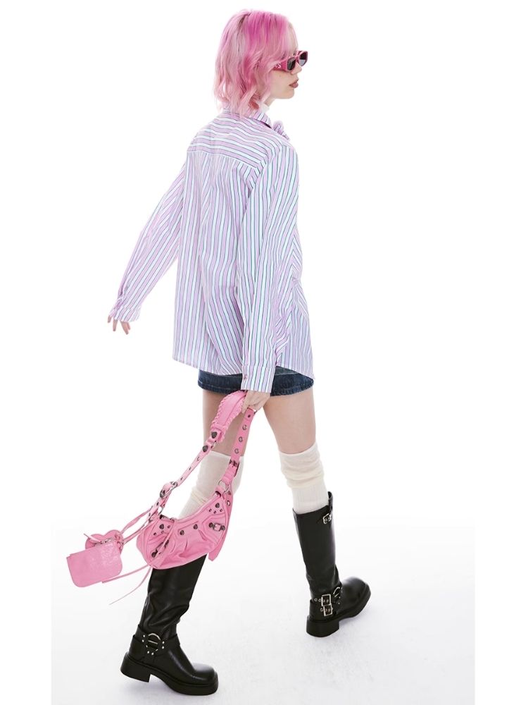 Stripe Pink Green Embroidered Shirt【s0000004971】