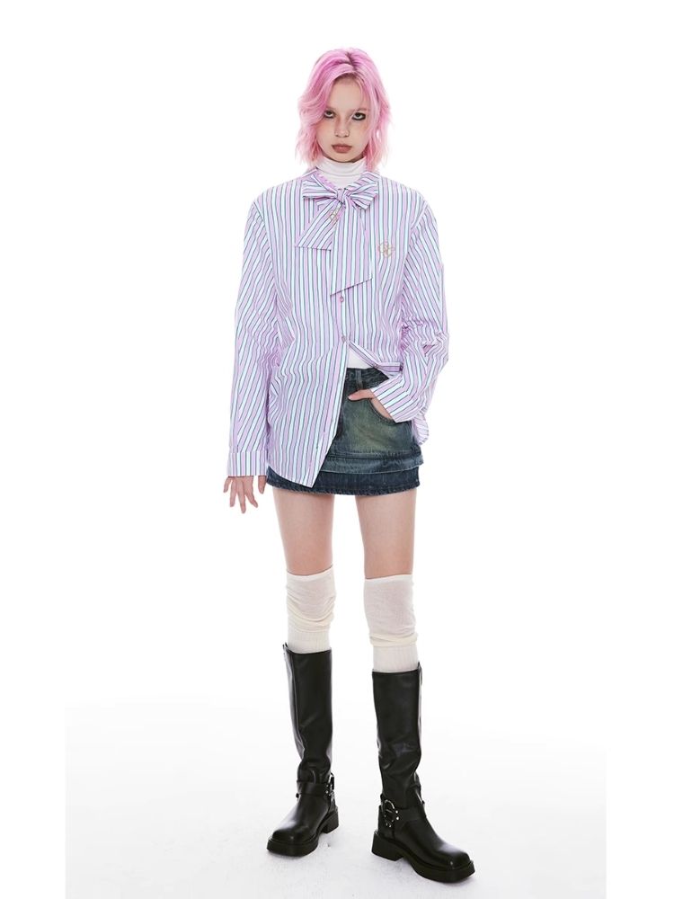 Stripe Pink Green Embroidered Shirt【s0000004971】