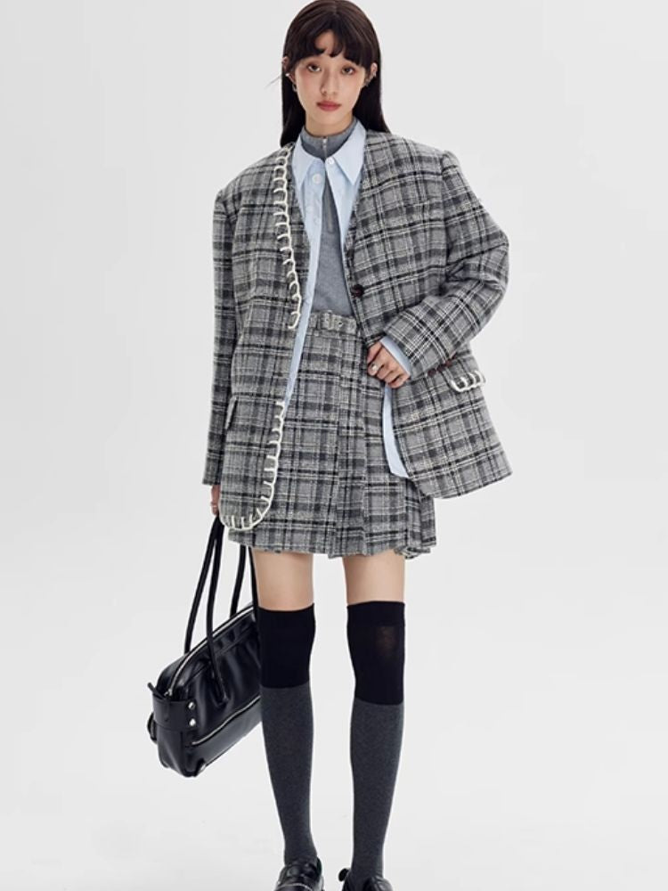 Plaid vest jacket and pleated skirt【s0000003970】