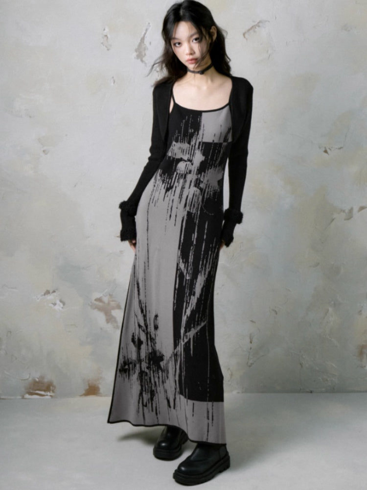 Flower Shadow Printed Suspender Dress & Bolero Cardigan【s0000004384】