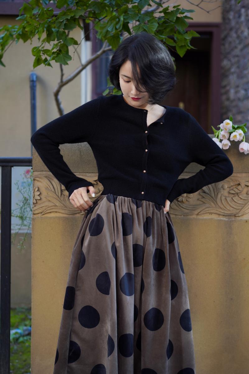 Birch brown polka dot velvet umbrella skirt