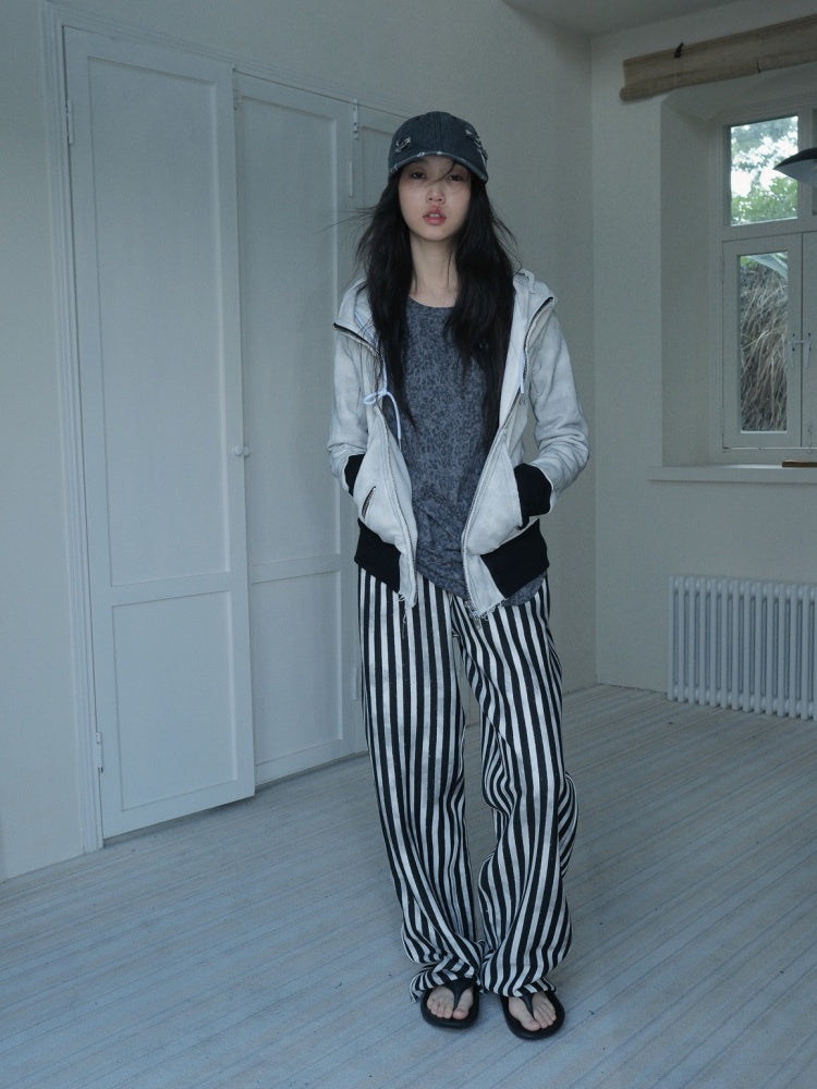Striped Zipper Hooded Sweat Jacket & Pants Setup【s0000004162】