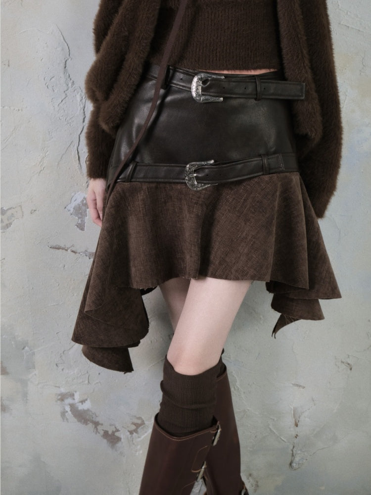 Belt Accent Irregular PU Leather Switching Mini Skirt【s0000004401】