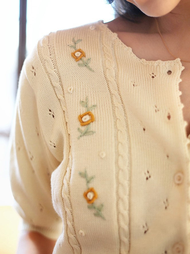 Ivory Flower Embroidered Knit Cardigan