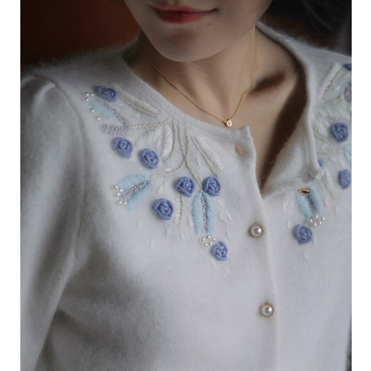 blue flower embroidery knit cardigan