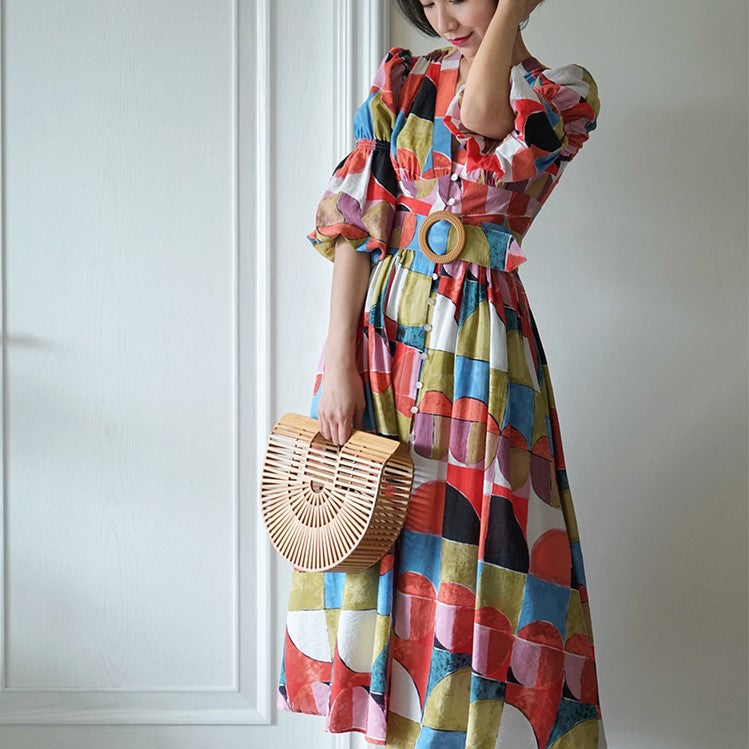 Geometric pattern oil painting dress