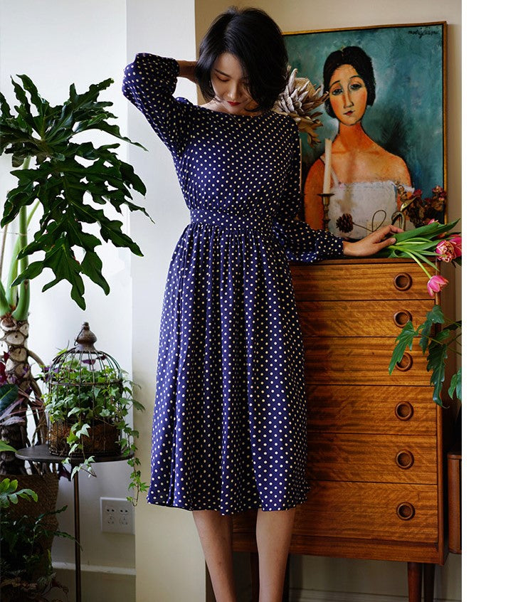 Lapis navy blue polka dot vintage dress