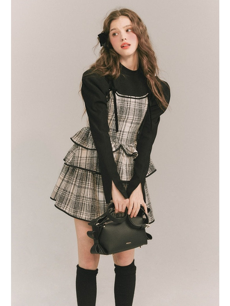 Plaid Cake Skirt Faux Two Piece Dress【s0000003859】