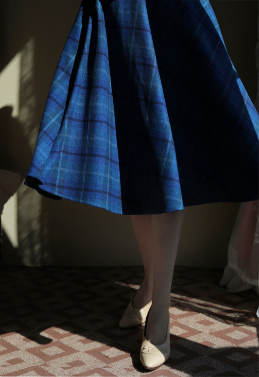 Blue Indigo Checkered Umbrella Skirt