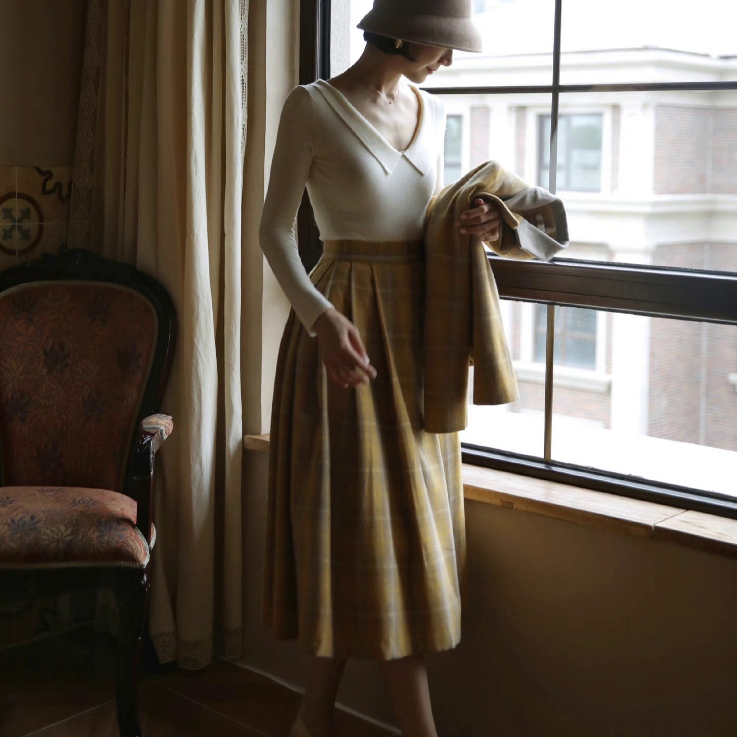 plaid retro jacket and tight skirt and flared skirt