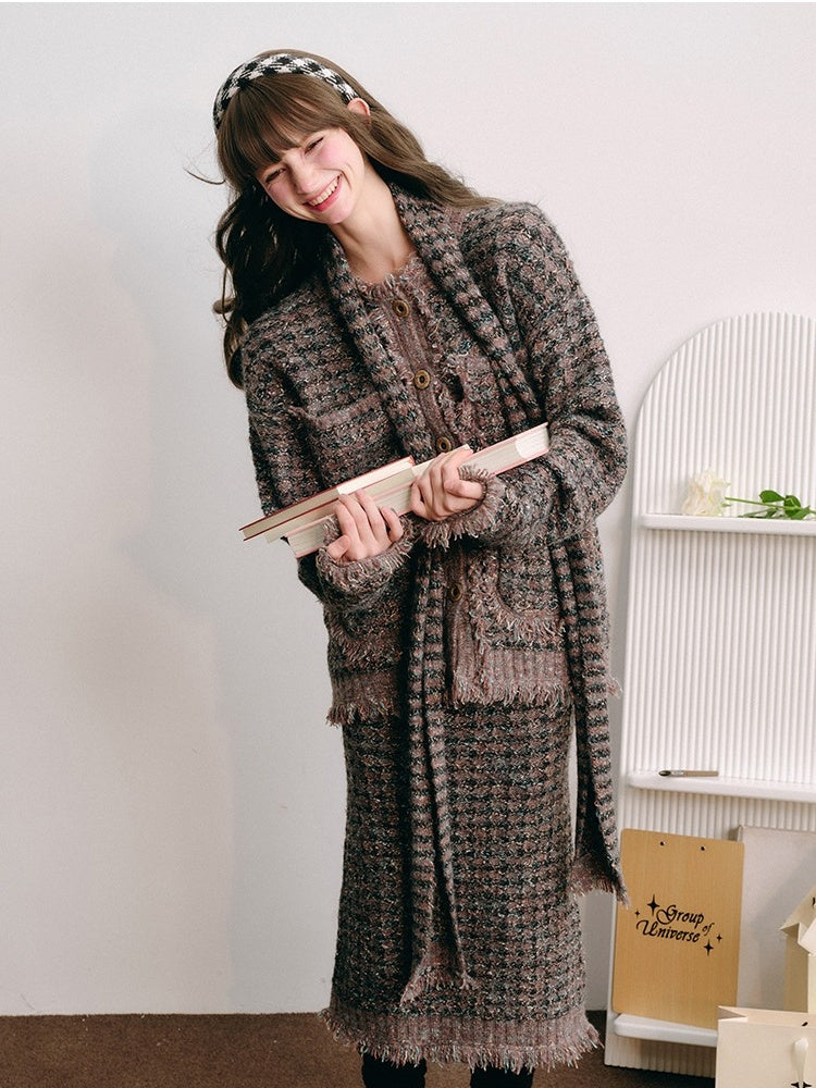 Knitted Fringe Cardigan Jacket With Stole ＆ Long Skirt【s0000003854】