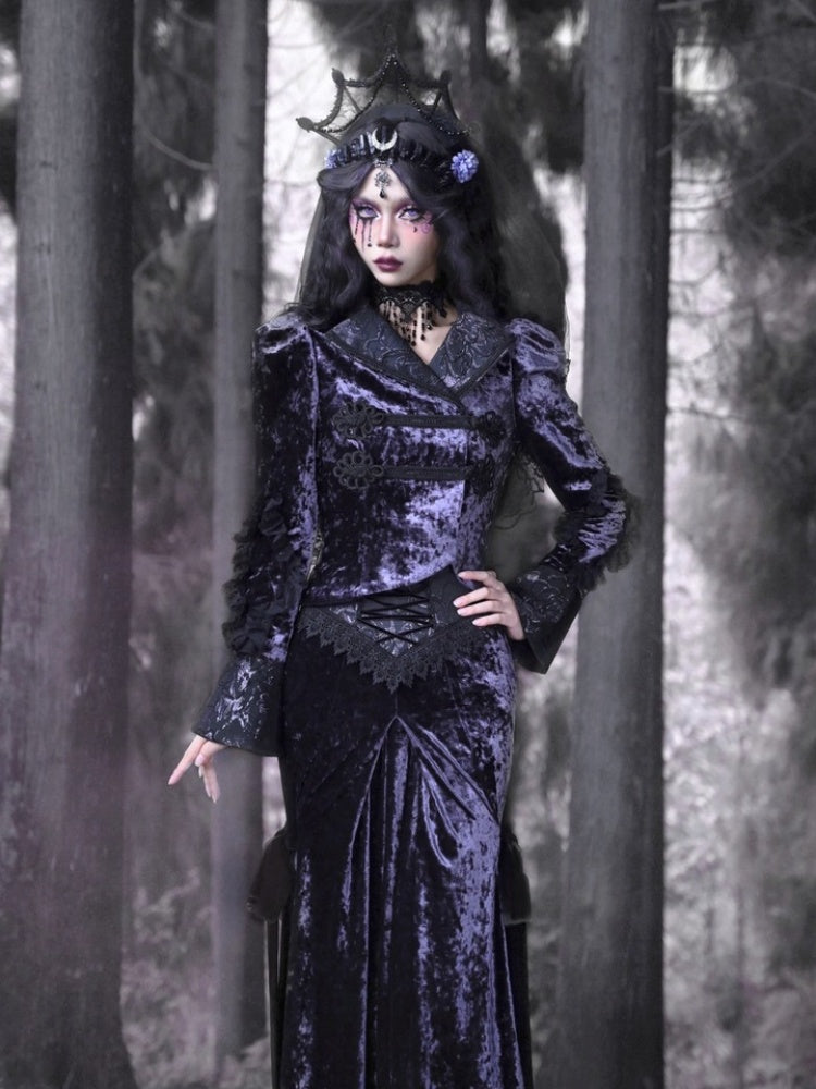 Gothic Velvet Lace Flower Lace Up Blouse【s0000003871】