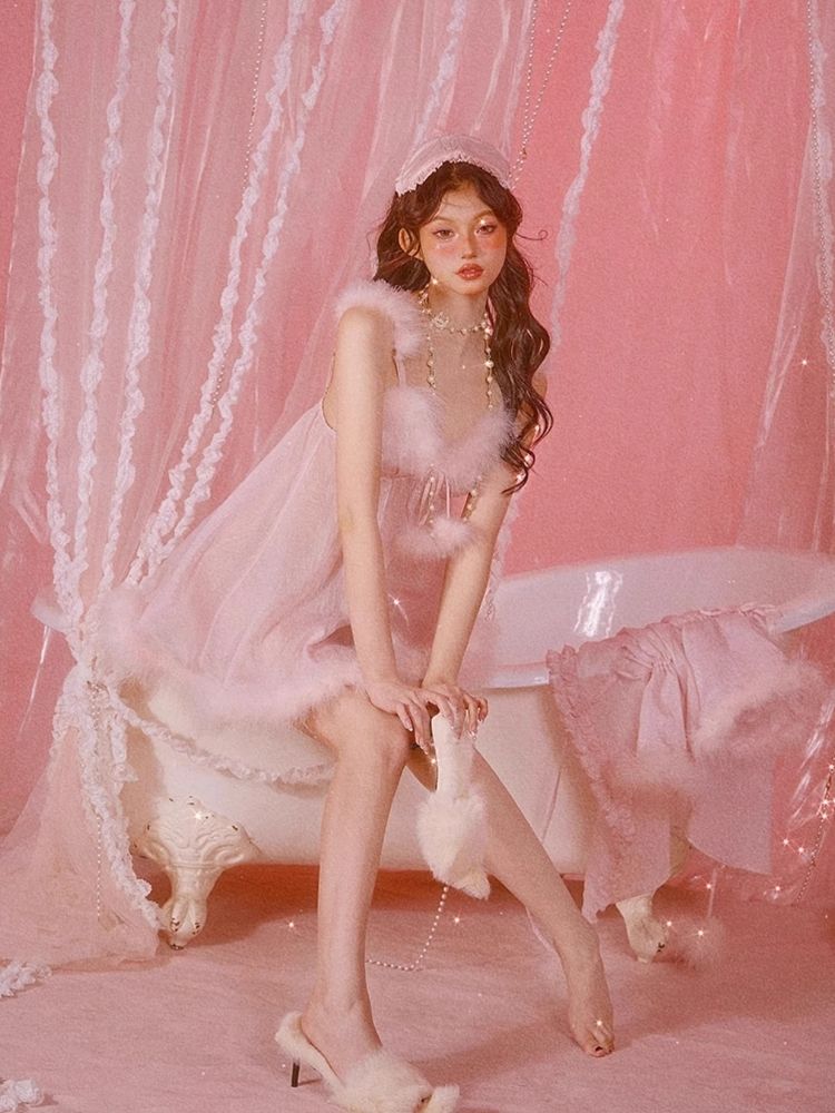 Sexy Pajamas Pink Halter Dress Robe Set【s0000006583】