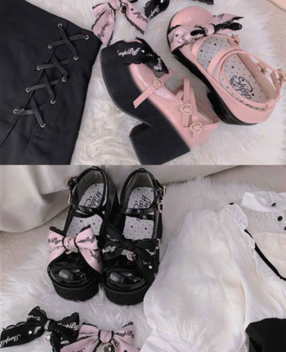 Sheep Puff - Black Pink Japanese Lolita Thick Heel Shoes