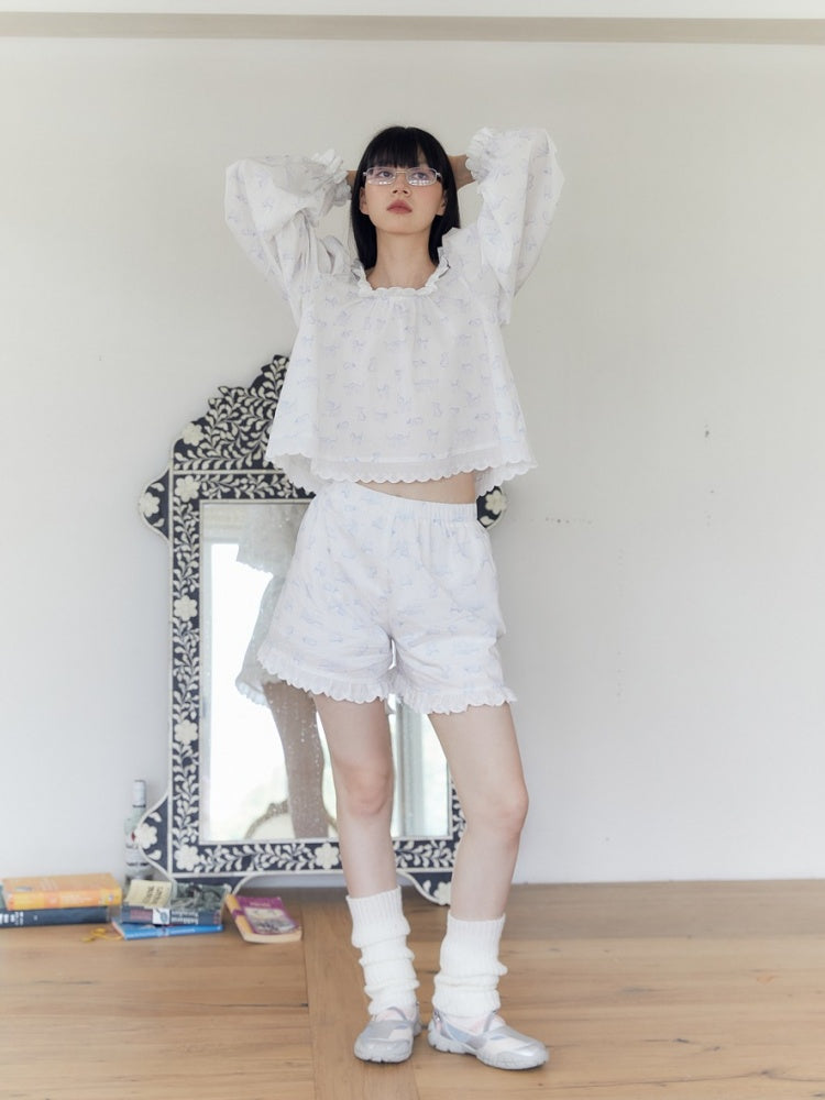 French Blue Kitten Print Relax Room Wear Set【s0000003571】