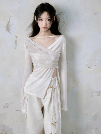 V-neck Strap Design Irregular Knitted Tops【s0000004381】