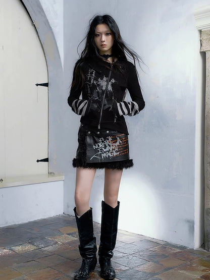 Black leather spelling wool package hip dress pants【s0000004515】