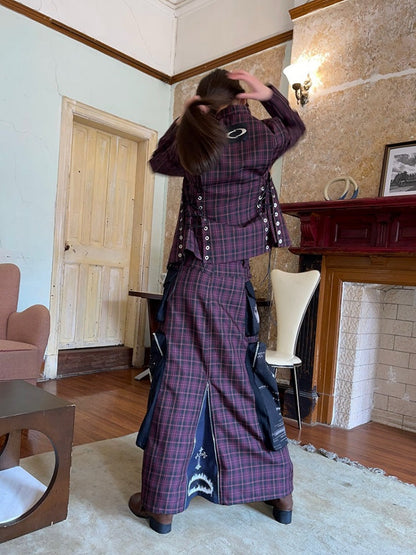 Plaid Zipper Short Jacket & Patch Pocket Long Skirt【s0000003884】