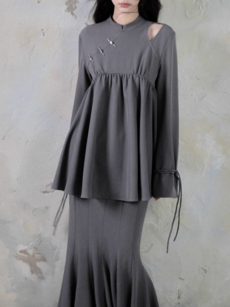 Mao Collar Switching Peplum Tops & Mermaid Skirt【s0000004393】