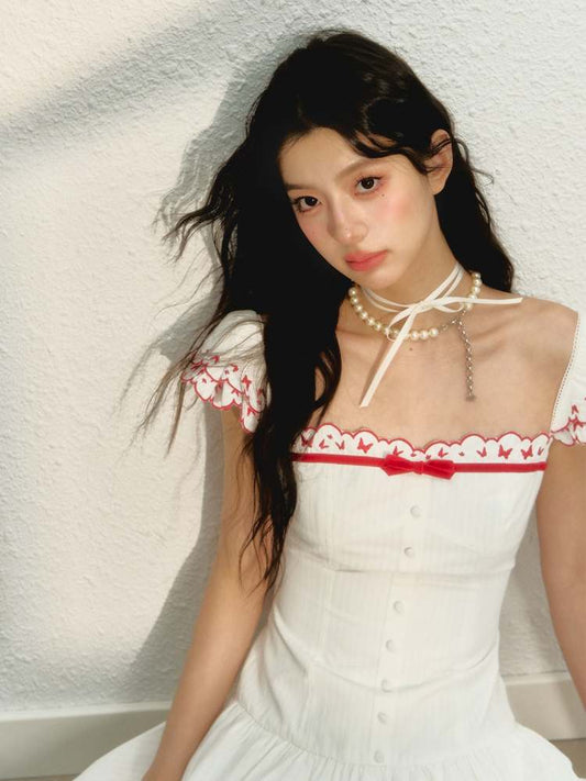 Butterfly Embroidery Square Neck Scalloped Dress【s0000008058】