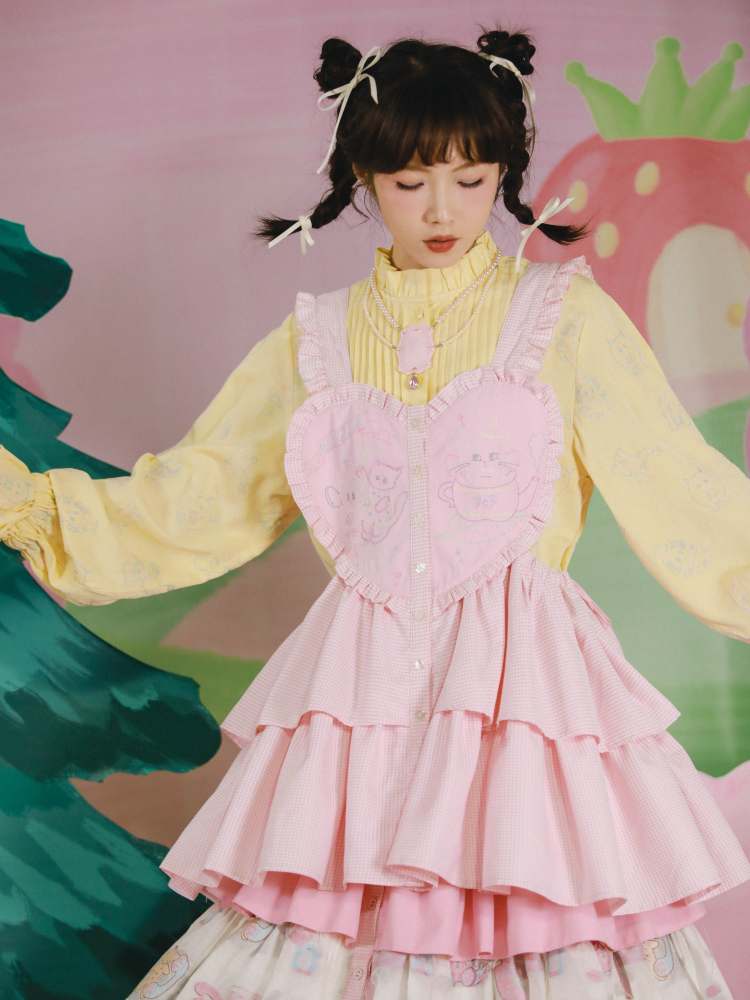 Cat Embroidery Drawstring Heart Layered Apron Dress【s0000007762】