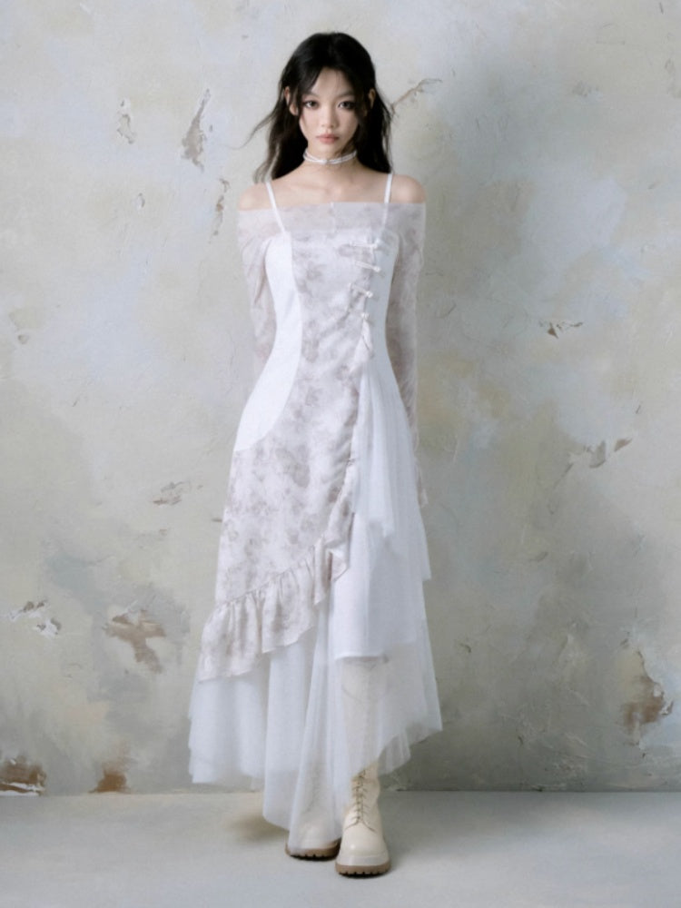 Patchwork Ruffle Suspender Long Dress & Waistcoat【s0000004379】