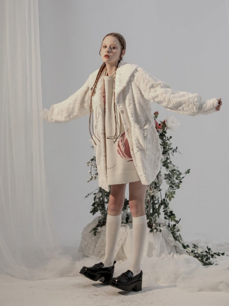 Embroidery Flower Lace Faux Fur Long Coat【s0000003855】