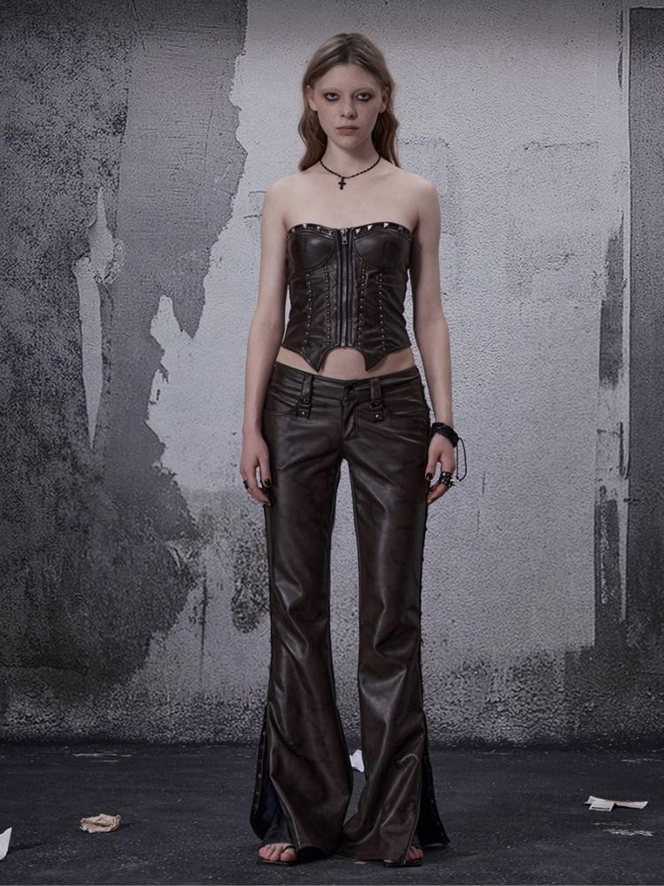 Zipper metal rivets leather bustier【s0000006696】