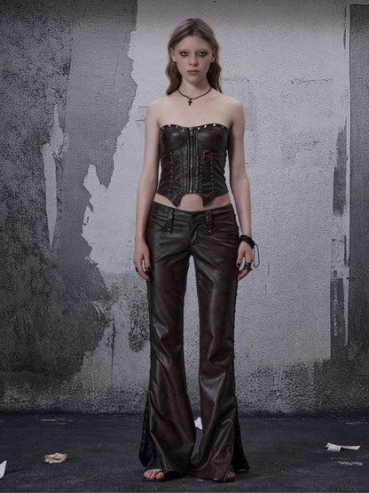 Zipper metal rivets leather bustier【s0000006696】