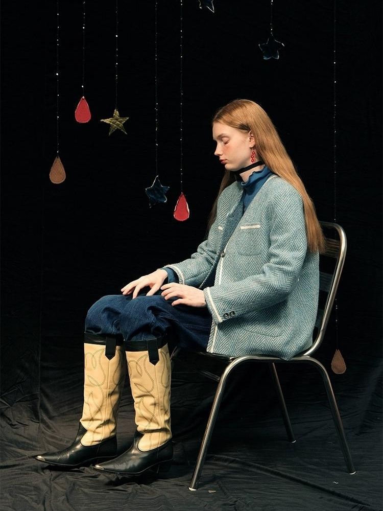 Herringbone pattern wool tweed jacket【s0000005949】