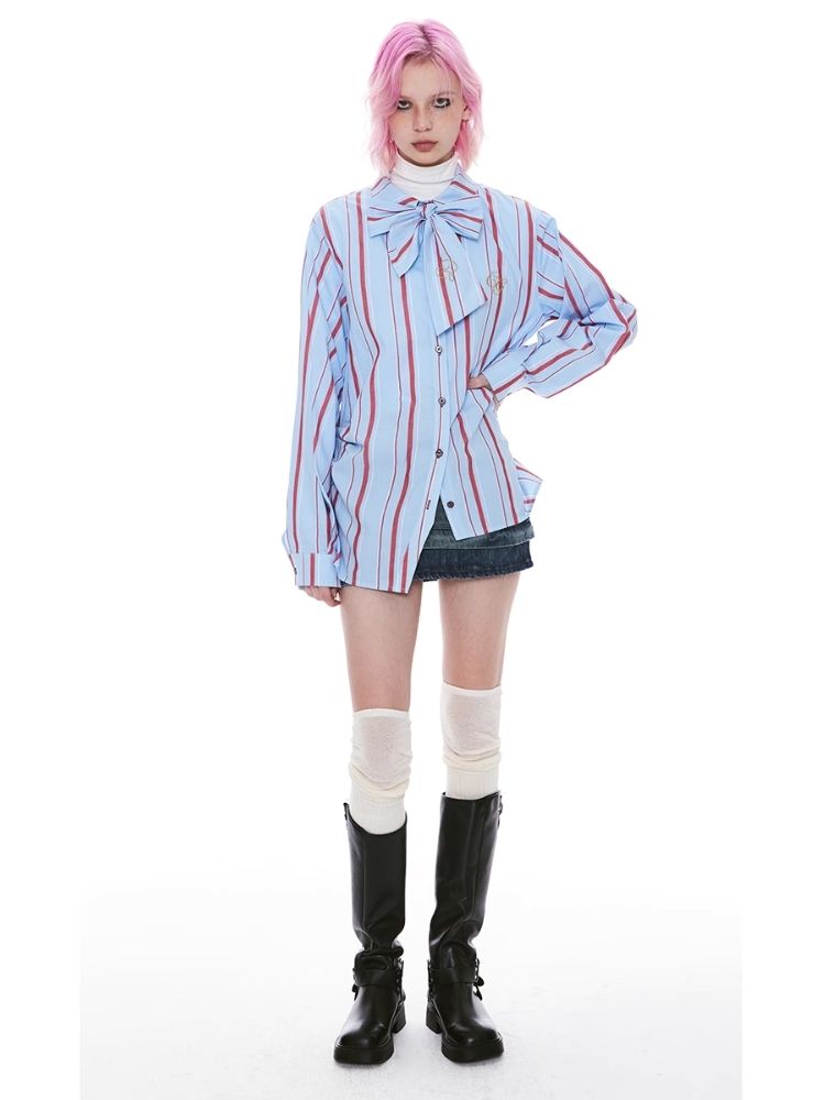 Stripe Pink Green Embroidered Shirt【s0000004971】