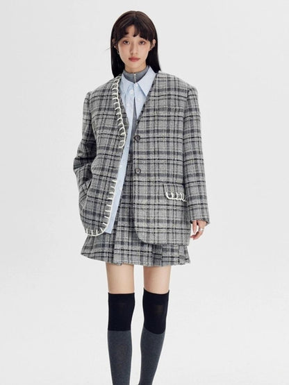 Plaid vest jacket and pleated skirt【s0000003970】