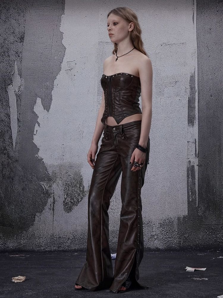 Zipper metal rivets leather bustier【s0000006696】