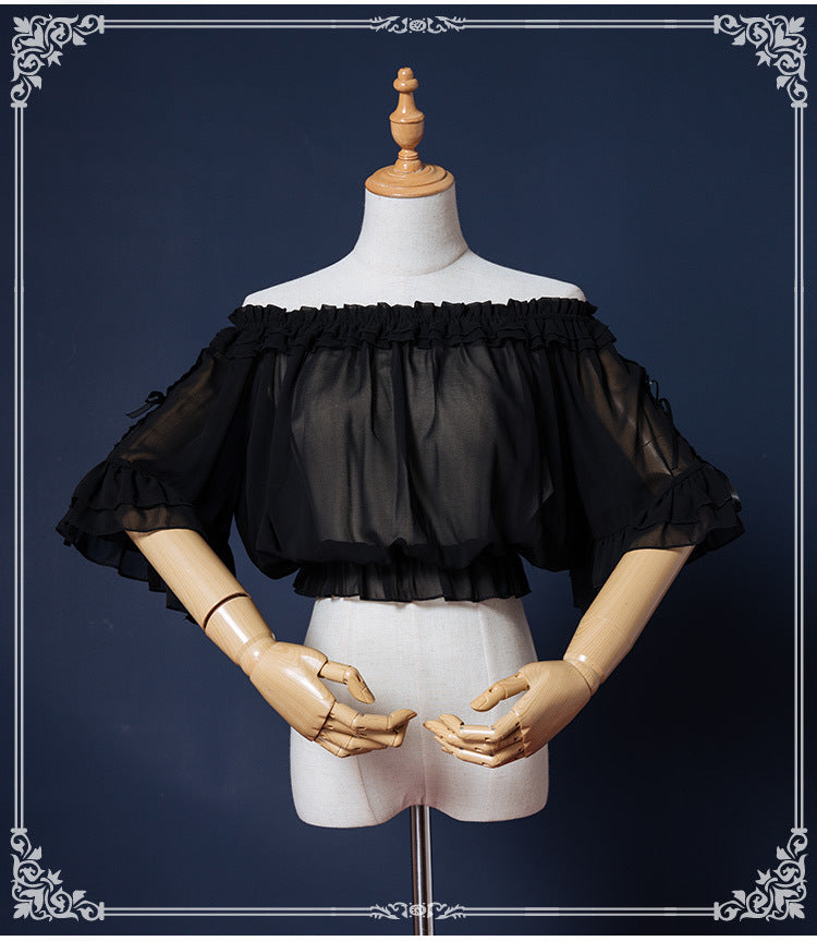 Eieyomi - Sweet Lolita Blouse Chiffon Round Neck Flounce Sleeve Shirt