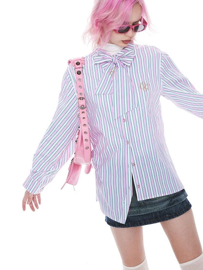 Stripe Pink Green Embroidered Shirt【s0000004971】