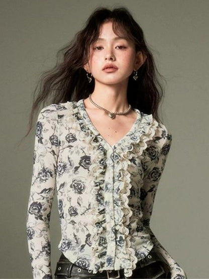 Floral lace long-sleeved v-neck shirt【s0000003270】