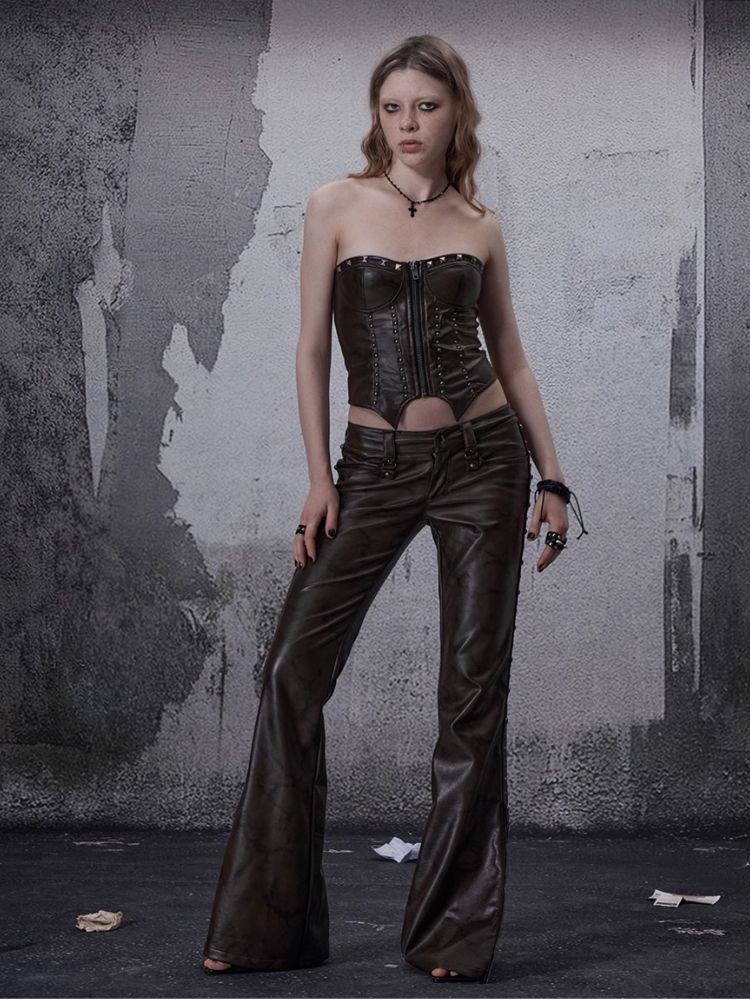 Zipper metal rivets leather bustier【s0000006696】