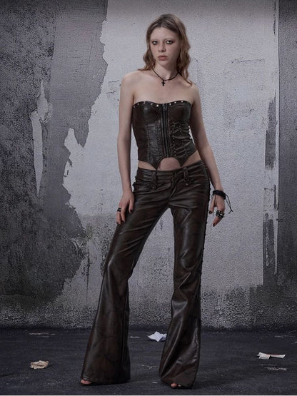 Zipper metal rivets leather bustier【s0000006696】