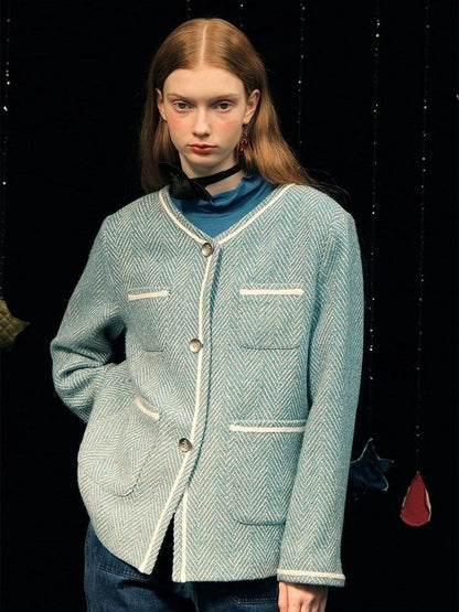 Herringbone pattern wool tweed jacket【s0000005949】