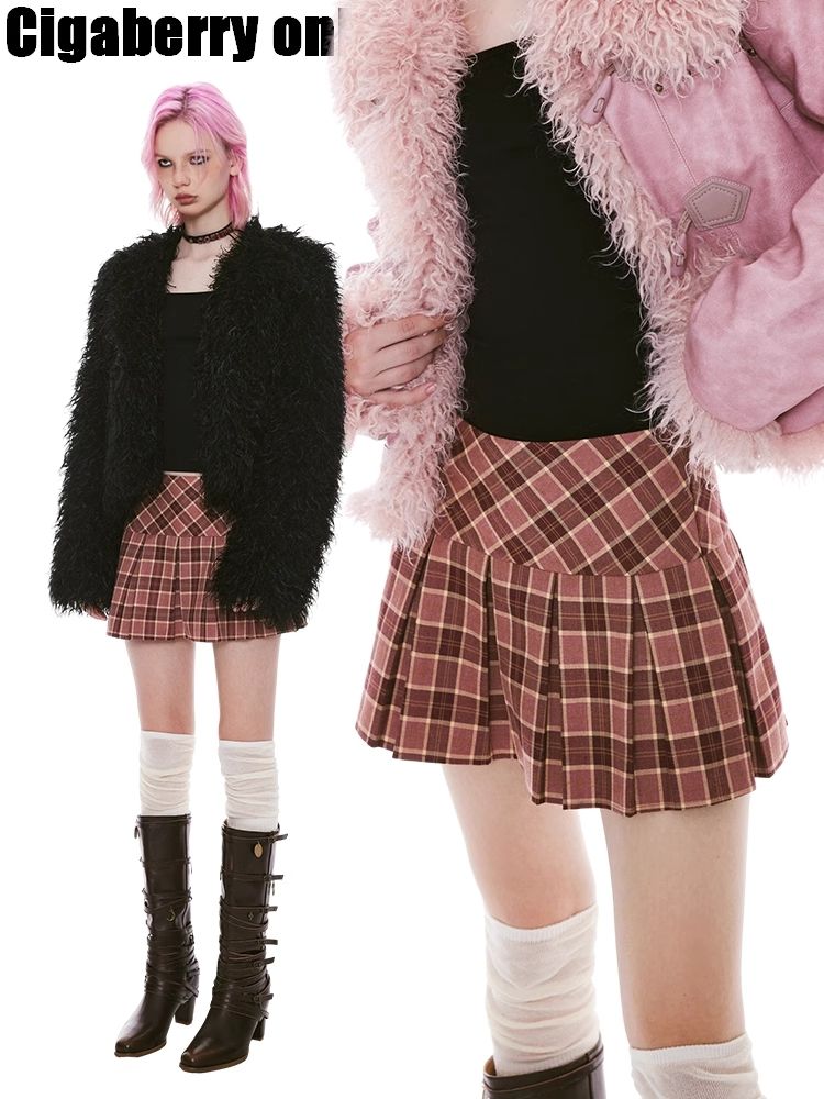 Retro plaid bustier pleated skirt【s0000004960】