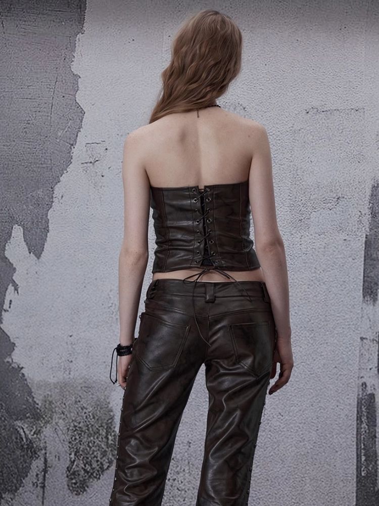 Zipper metal rivets leather bustier【s0000006696】