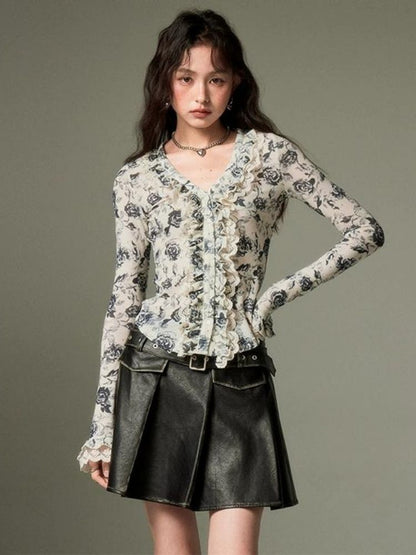 Floral lace long-sleeved v-neck shirt【s0000003270】