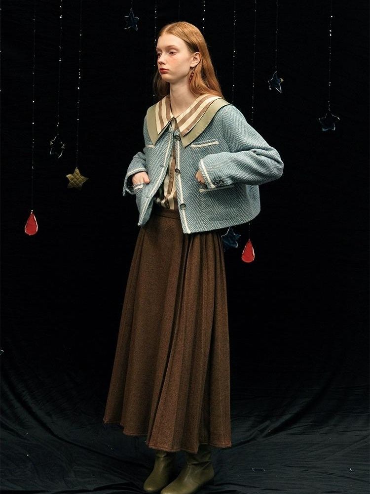 Herringbone pattern wool tweed jacket【s0000005949】