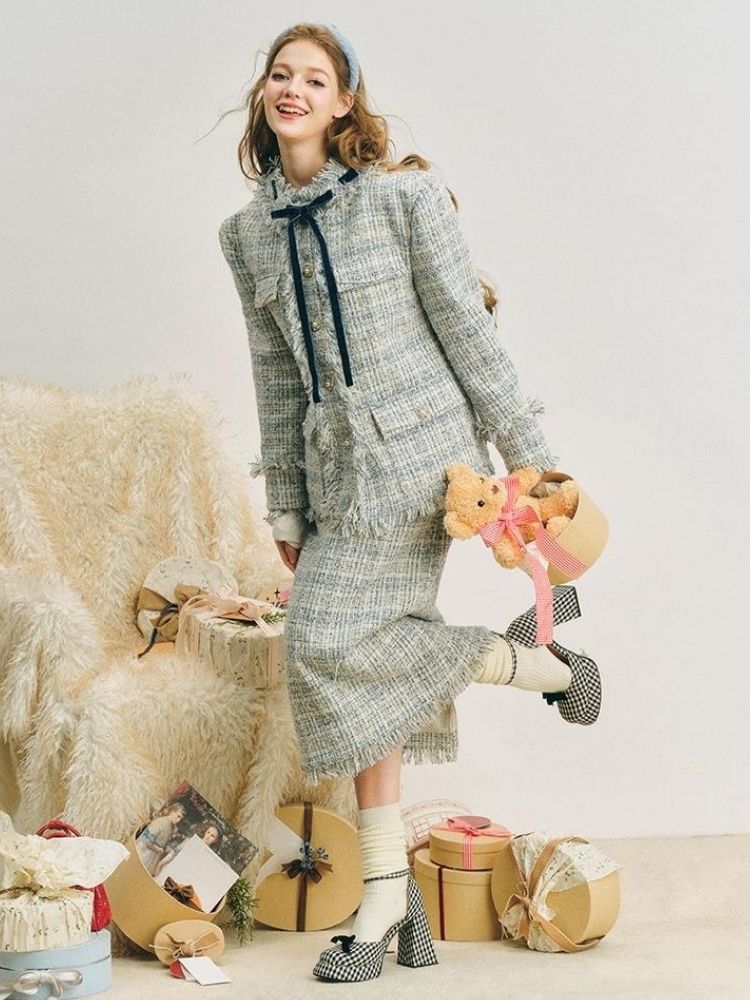 Blue velvet wool two-piece【s0000004612】