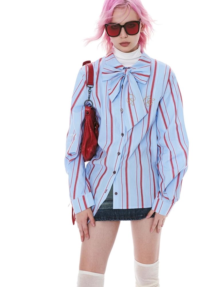 Stripe Pink Green Embroidered Shirt【s0000004971】