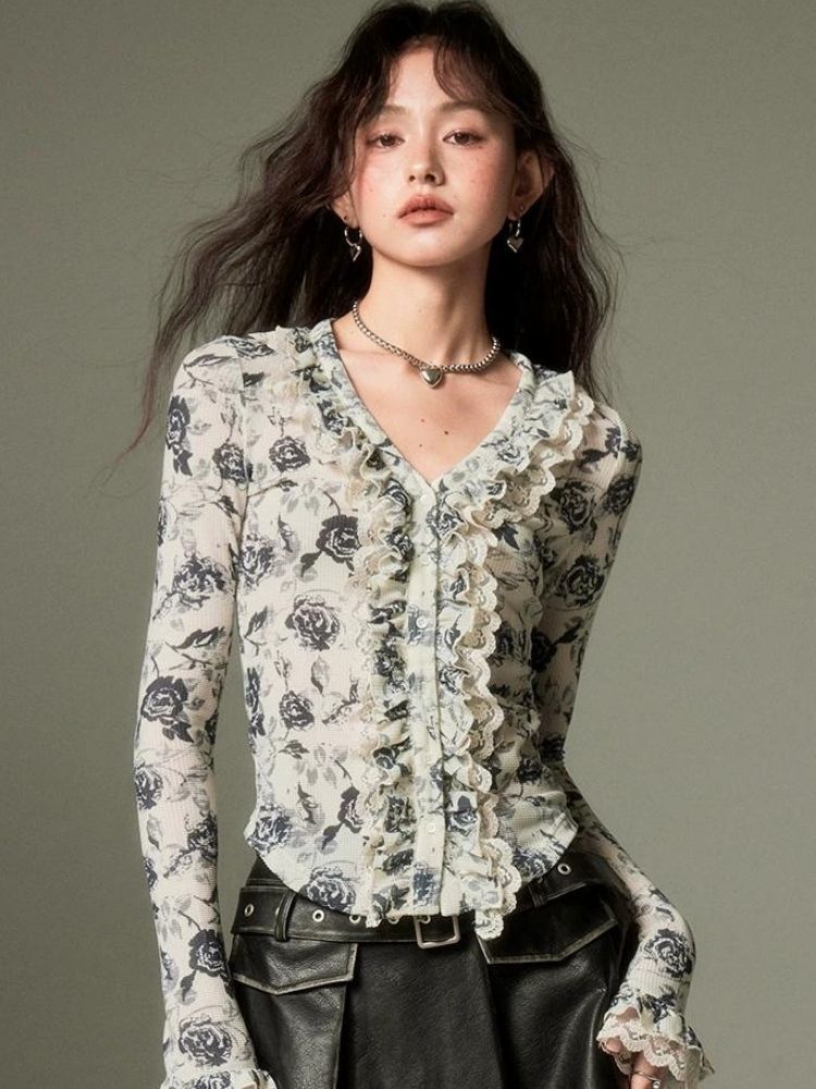 Floral lace long-sleeved v-neck shirt【s0000003270】