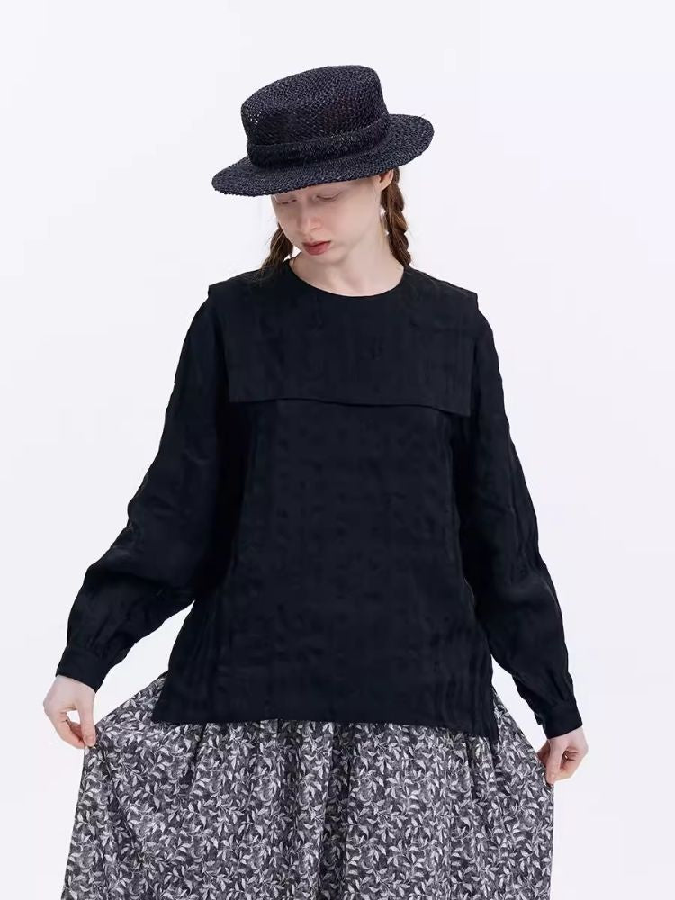 Dark Jacquard Hemp Blend Long Sleeve Blouse【s0000007978】